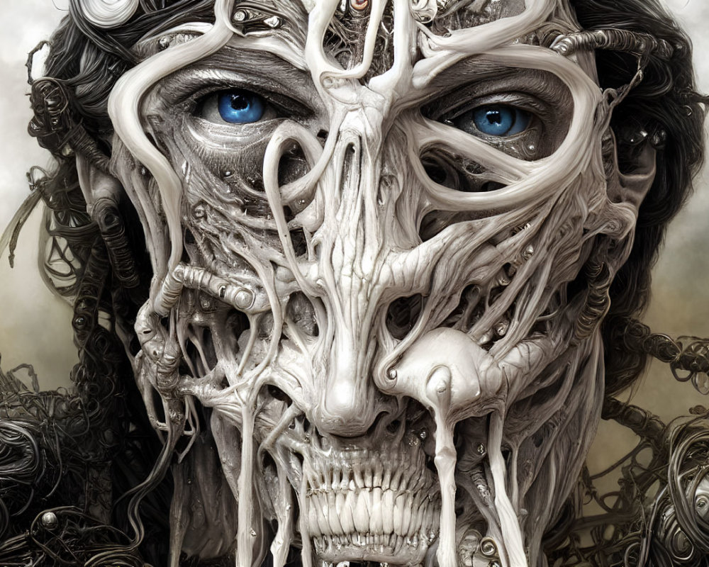 Intricate face art blending organic and mechanical elements