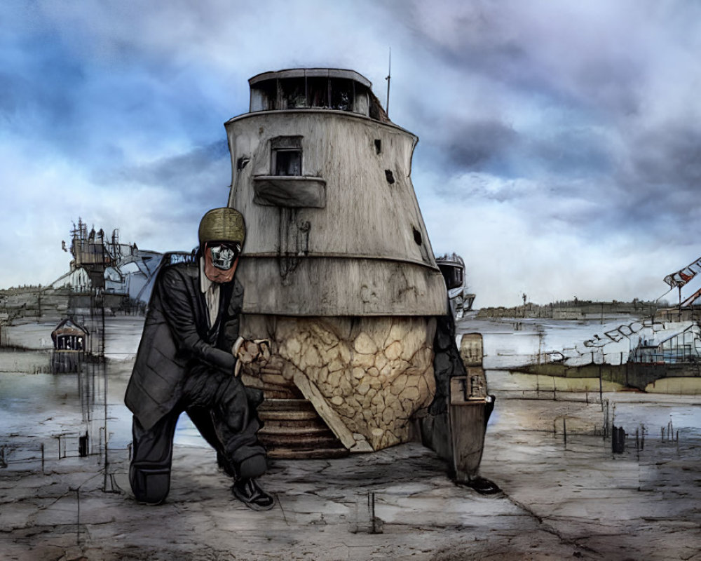 Digital artwork of man in military helmet crouching behind damaged pillbox.