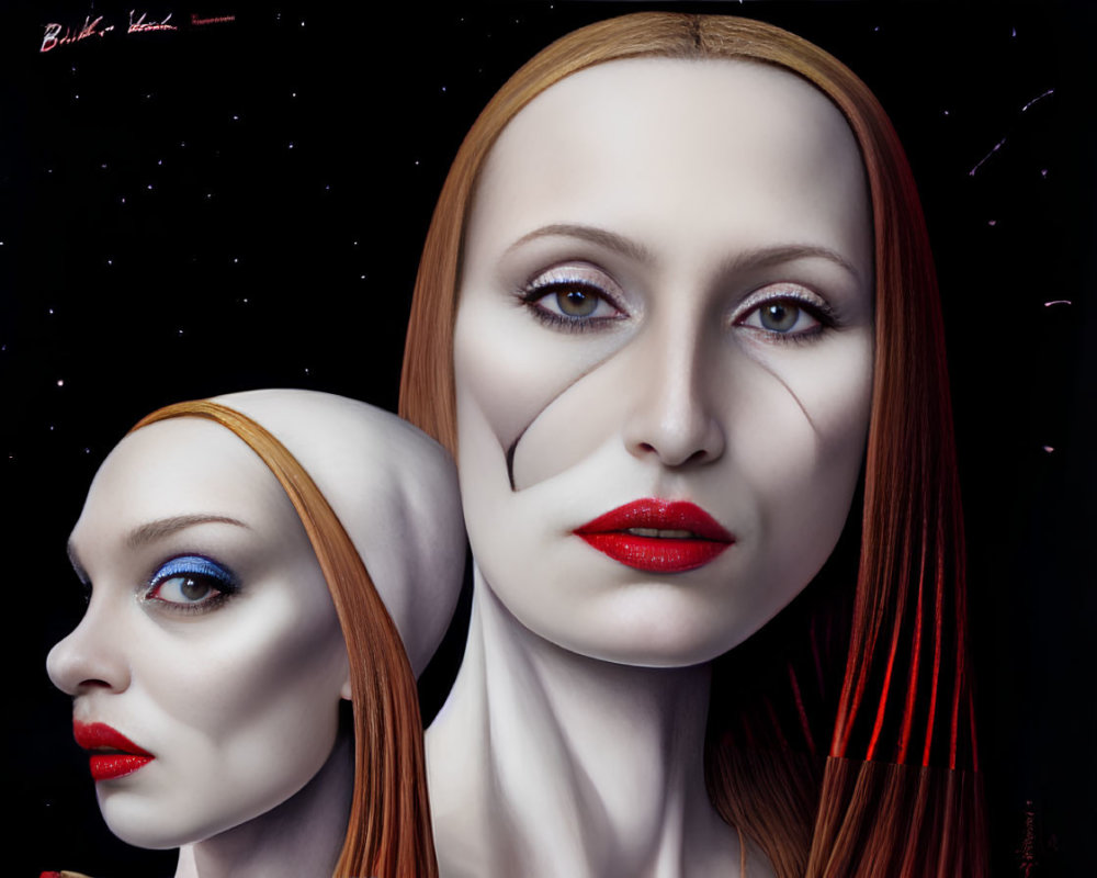 Hyperrealistic Painting: Woman with Two Profiles, Contrasting Makeup, Expressions, Starry Background