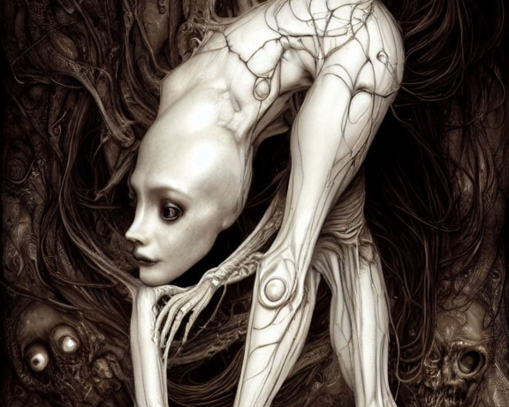 Surreal artwork of humanoid figure in dark, organic environment