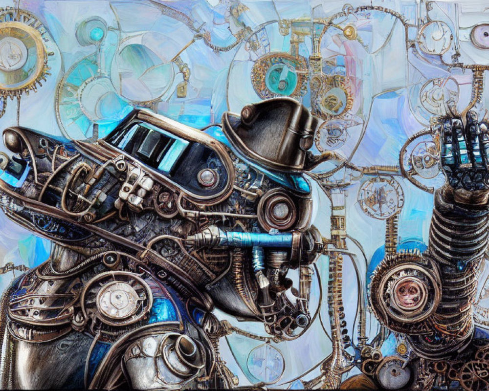 Detailed Steampunk Artwork of Mechanical Entity with Gears and Top Hat