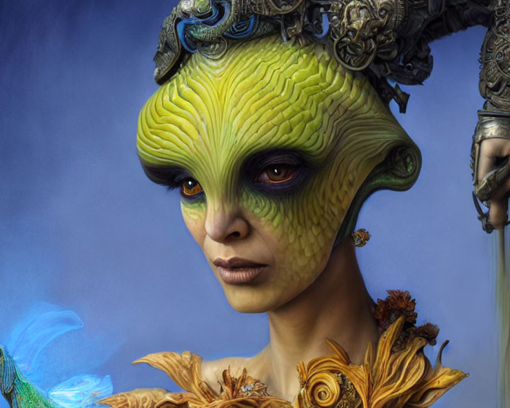 Green-skinned humanoid with ornate headdress and large black eyes.