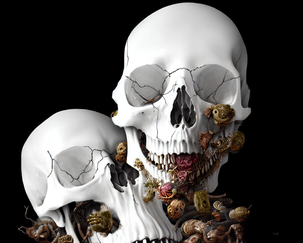 Surreal image: Two skulls with grotesque creatures in dark setting