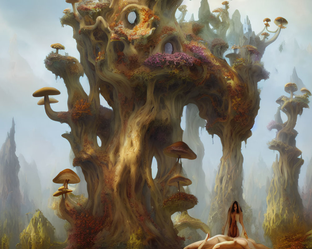 Fantastical landscape with giant tree, humanoid figure, and misty mountains