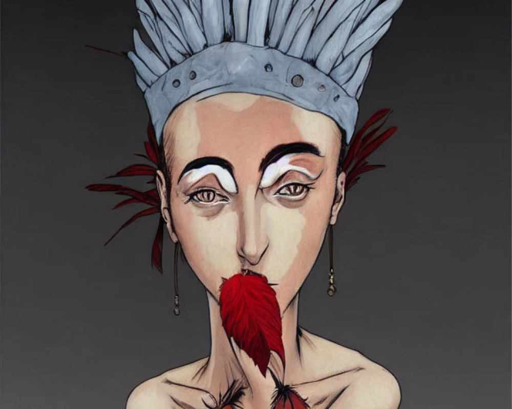 Illustration of person with long neck, feathered headpiece, earrings, holding red feather