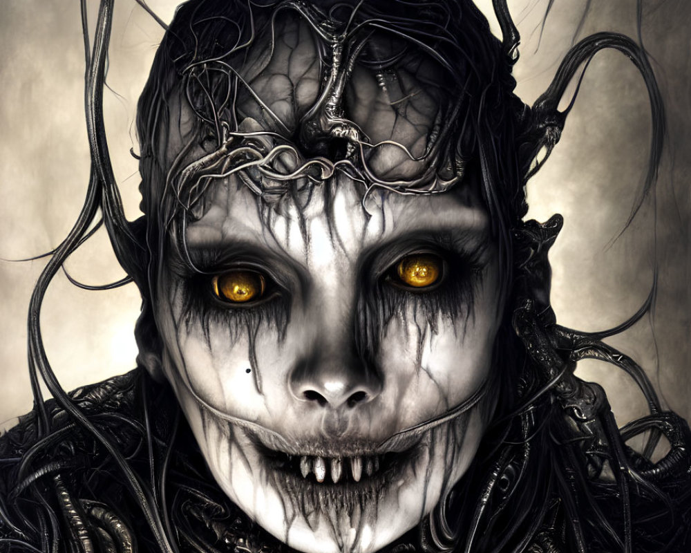 Dark fantasy creature with skull-like features and yellow eyes in murky setting