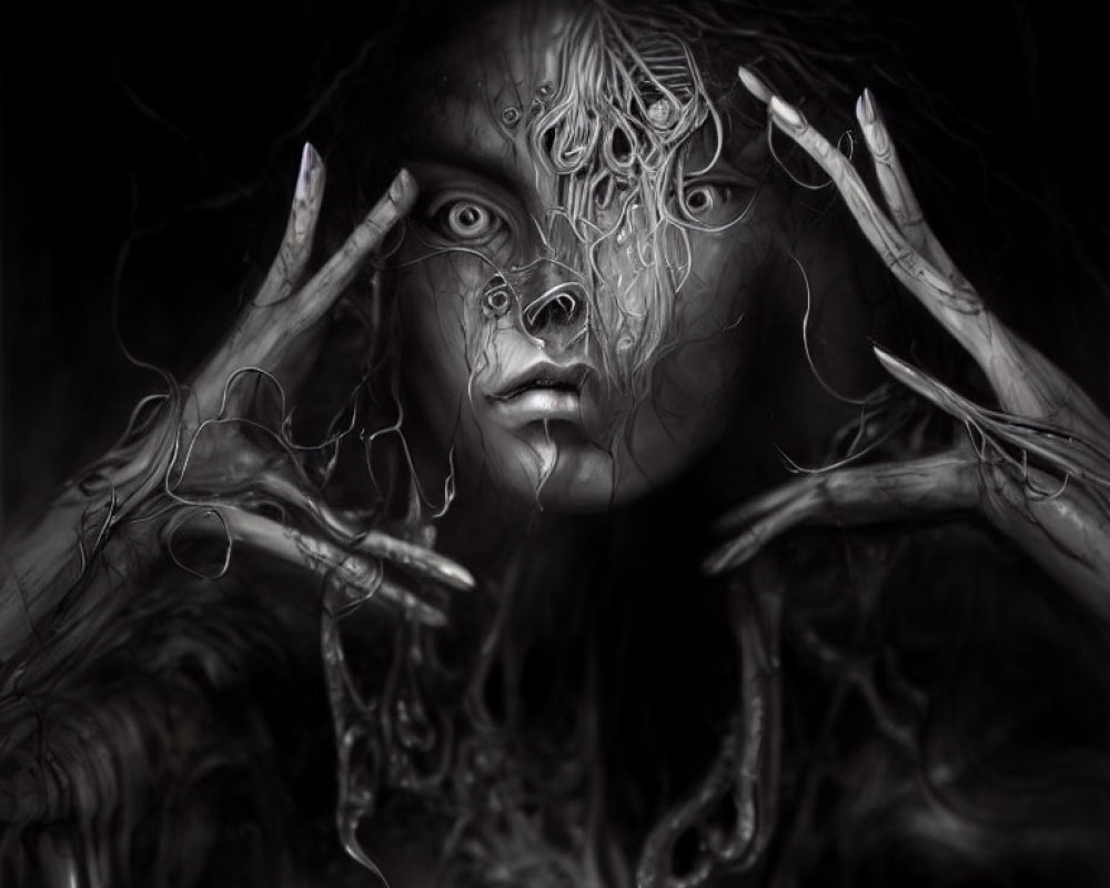 Monochrome Artistic Depiction of Mysterious Figure with Intricate Face Markings