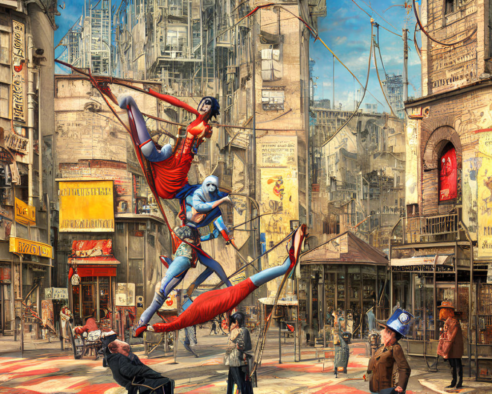 Colorful street scene with acrobatic characters in retro-futuristic cityscape