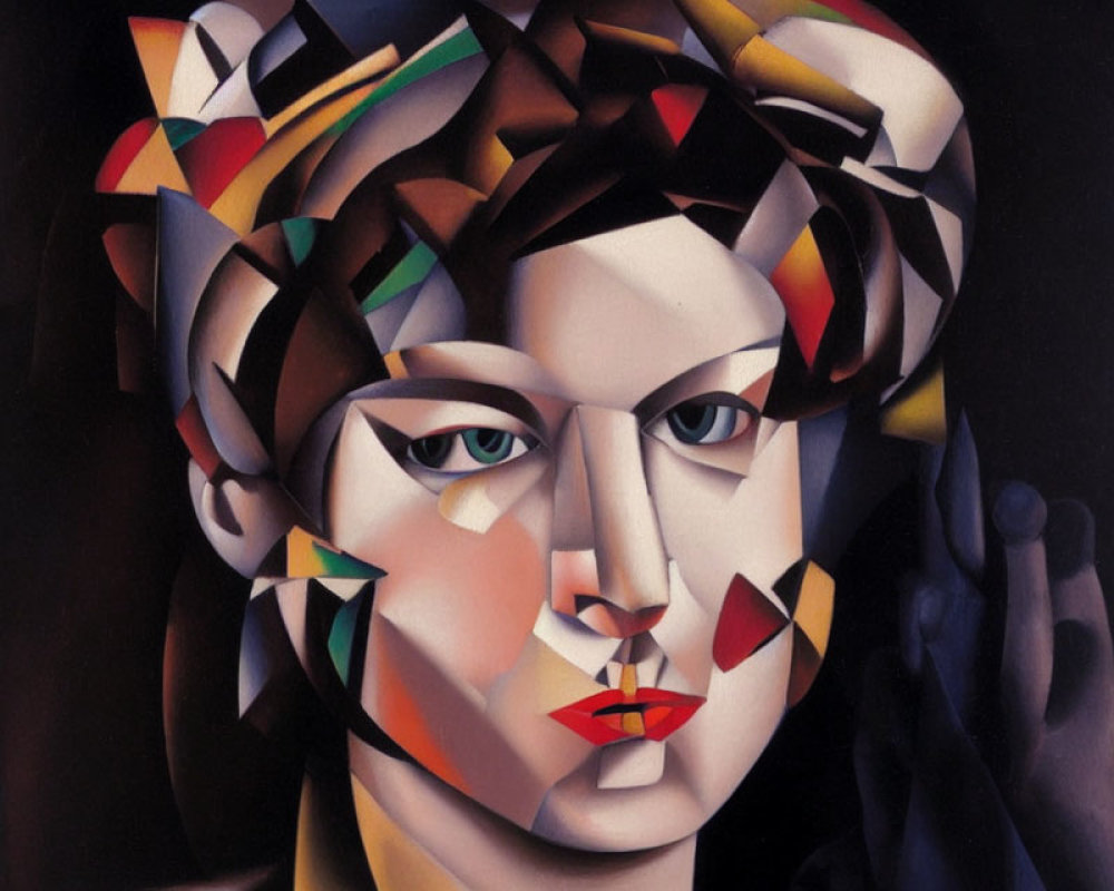 Cubist-style painting of woman's face with fragmented geometric shapes