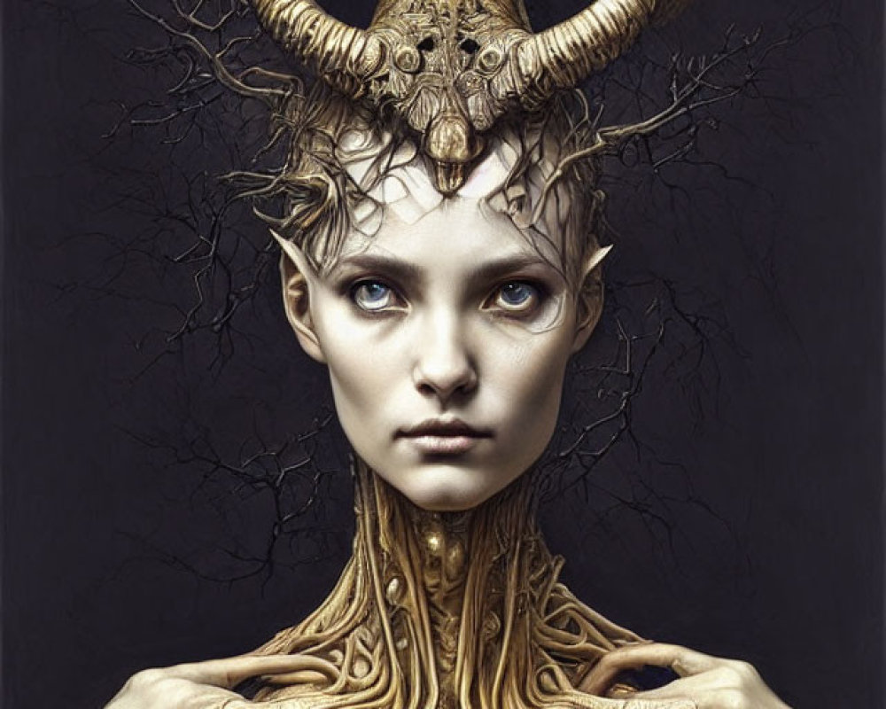 Surreal portrait: person with golden antlers, armor-like neckpiece, blue eyes, dark