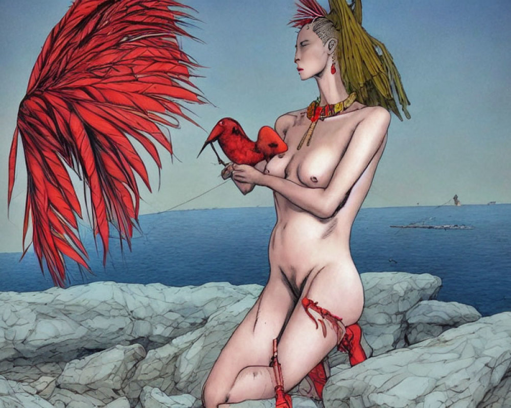 Illustrated nude female figure with red feathered creature and accessories by the sea