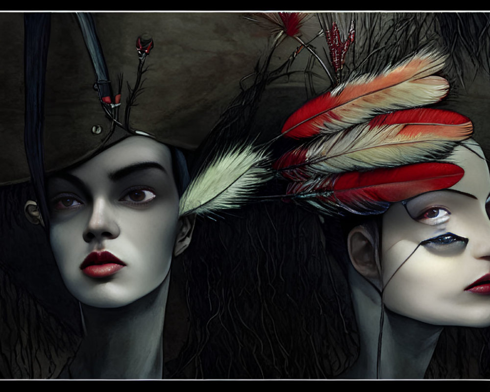 Stylized faces with makeup and feathered hats on textured background