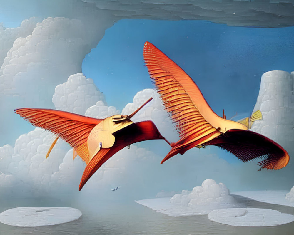 Stylized mythical birds flying over serene landscape with pillars