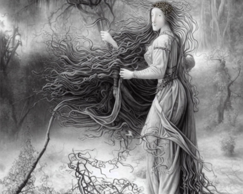 Monochrome image of woman with flowing hair holding comb in mystical forest