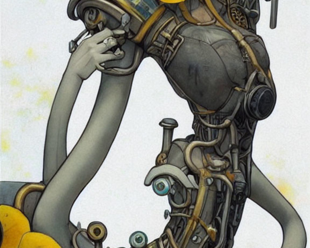 Female robot illustration with yellow accents and sunglasses, featuring mechanical details and abstract shapes.