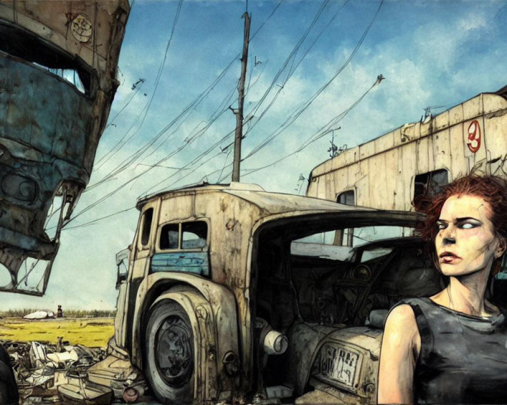 Red-Haired Woman by Rusted Car in Dystopian Landscape