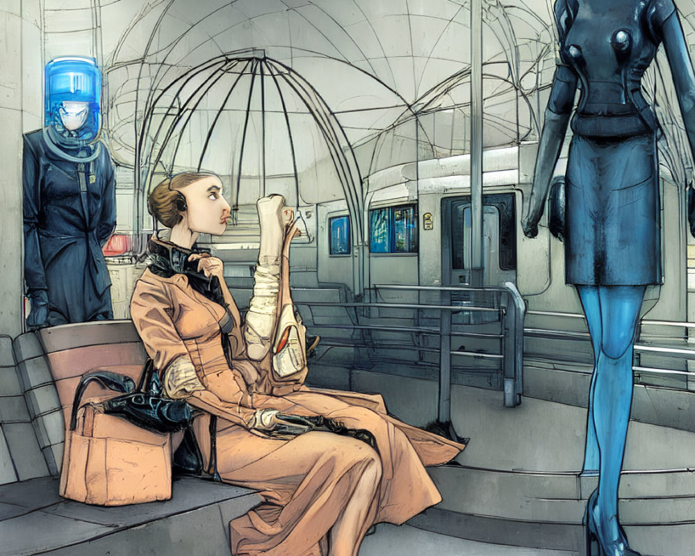 Futuristic subway station with seated woman, man in glowing visor, and humanoid figure