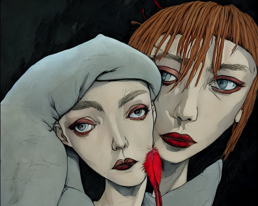 Stylized female figures with red lips and eyes on dark background.