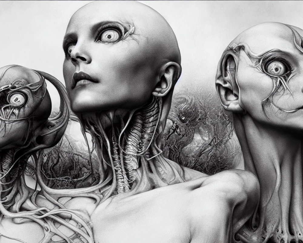 Detailed black and white illustration of three bald humanoid figures with surreal, cyborg-like facial features, surrounded