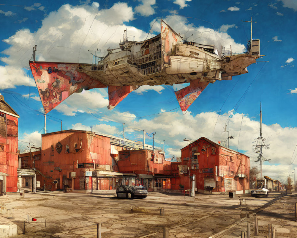 Futuristic floating ship above rust-red buildings in sci-fi cityscape