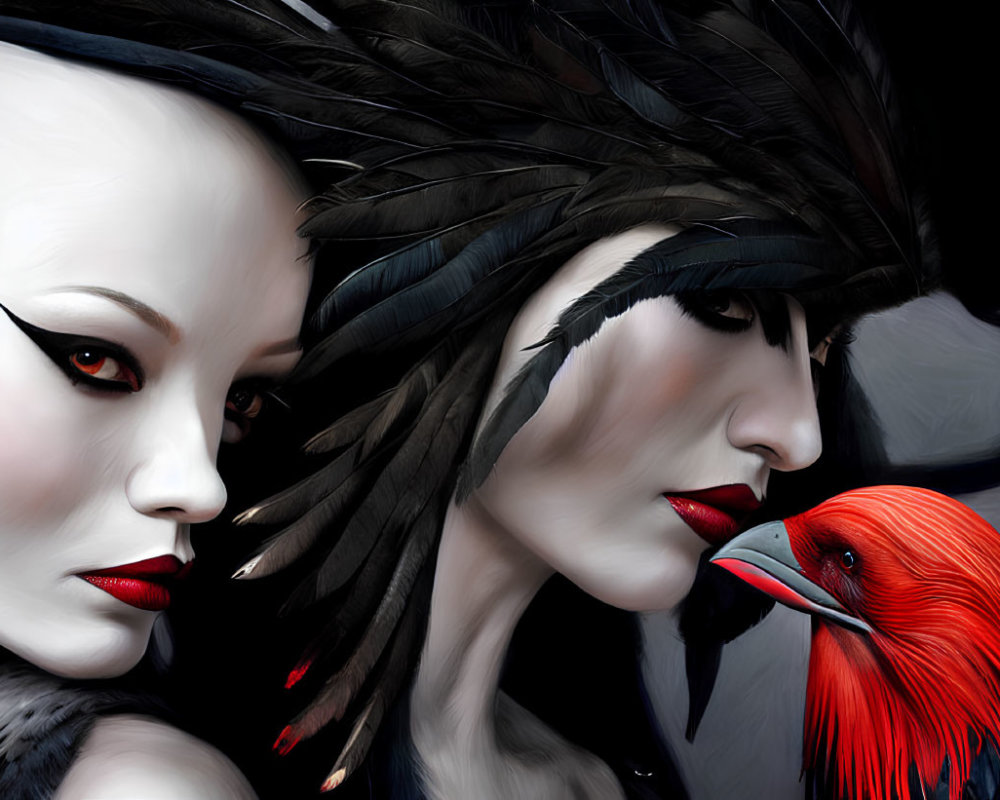 Two women with dramatic makeup and feather headdresses next to a red bird