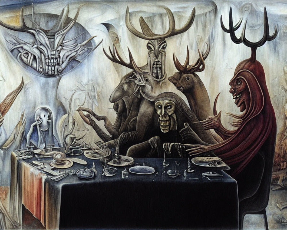 Surreal painting of grotesque humanoid creatures in dinner scene