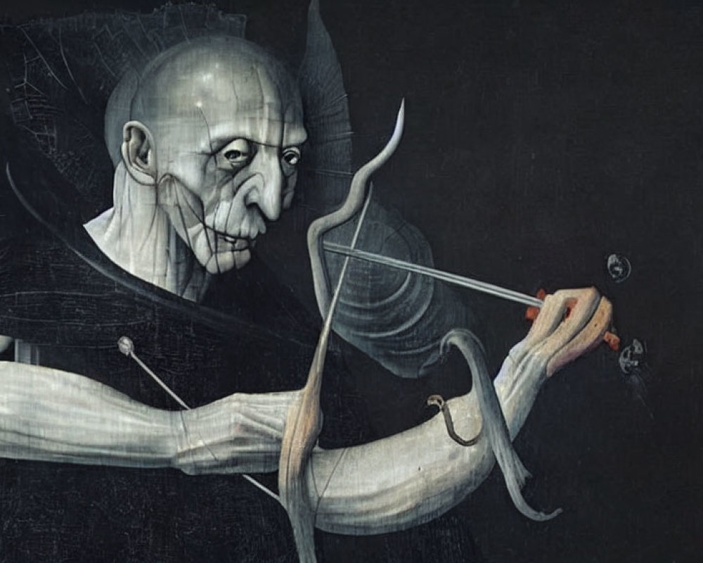 Eerie painting of gaunt figure playing string instrument