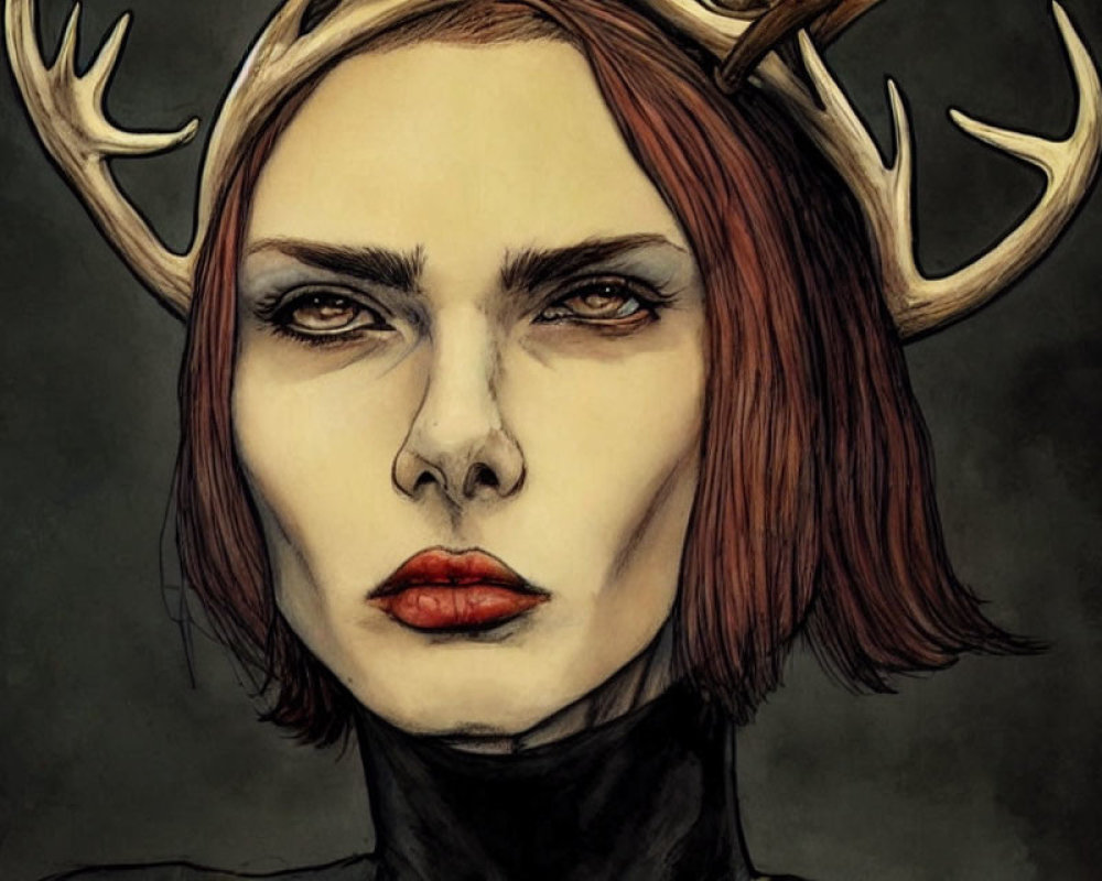 Digital artwork of a woman with antlers, dark eyes, red lips, and sharp gaze in semi