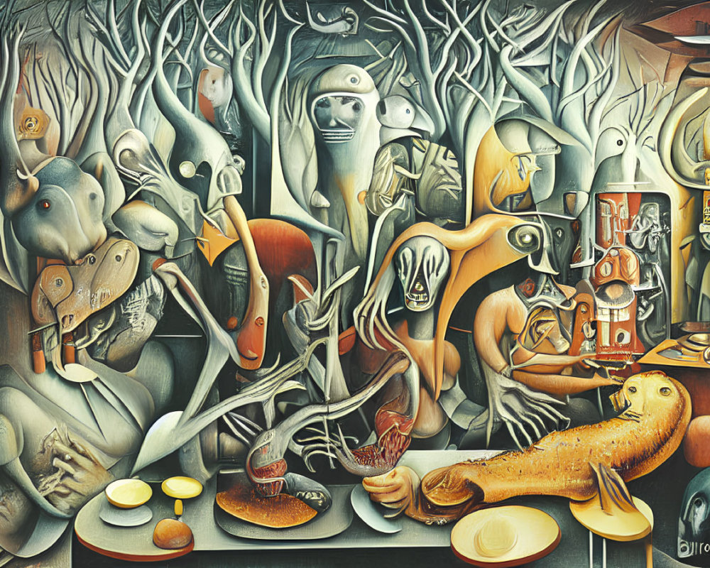 Surreal painting of anthropomorphic creatures in dreamlike forest