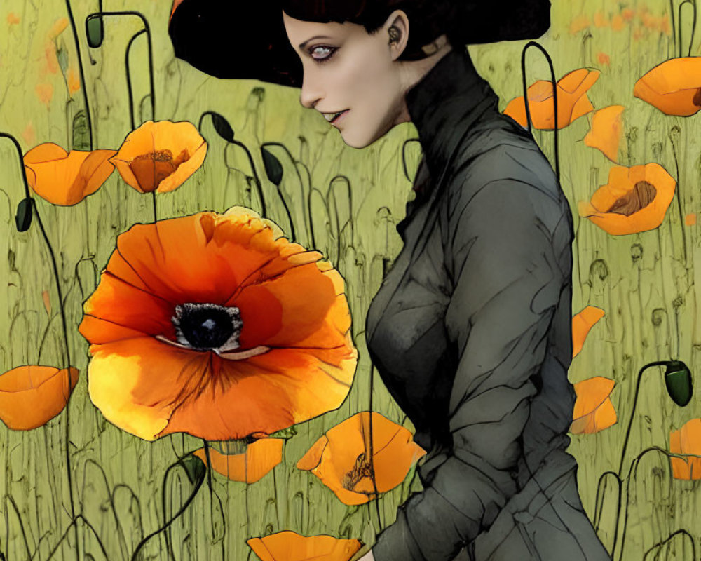 Stylized illustration of woman in wide-brimmed hat among orange poppies