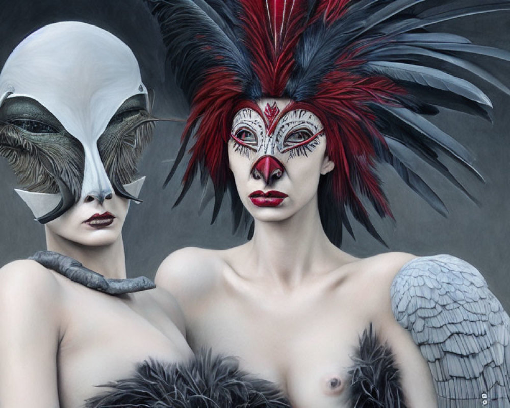 Two people in artistic masks and dramatic makeup: one with swan-like features, the other with a