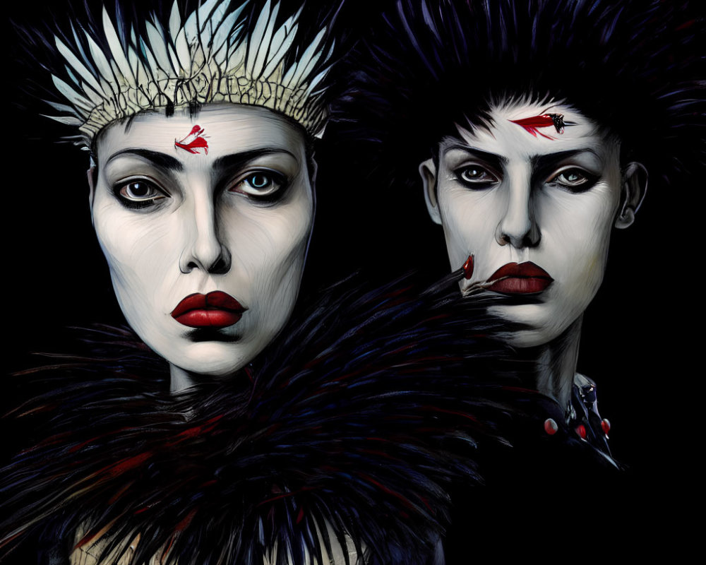 Stylized characters with spiky crowns and black feathered outfits.