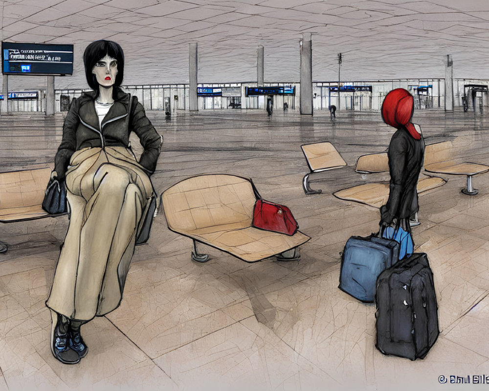 Stylized characters in modern airport terminal, one seated with red bag, other standing with luggage,