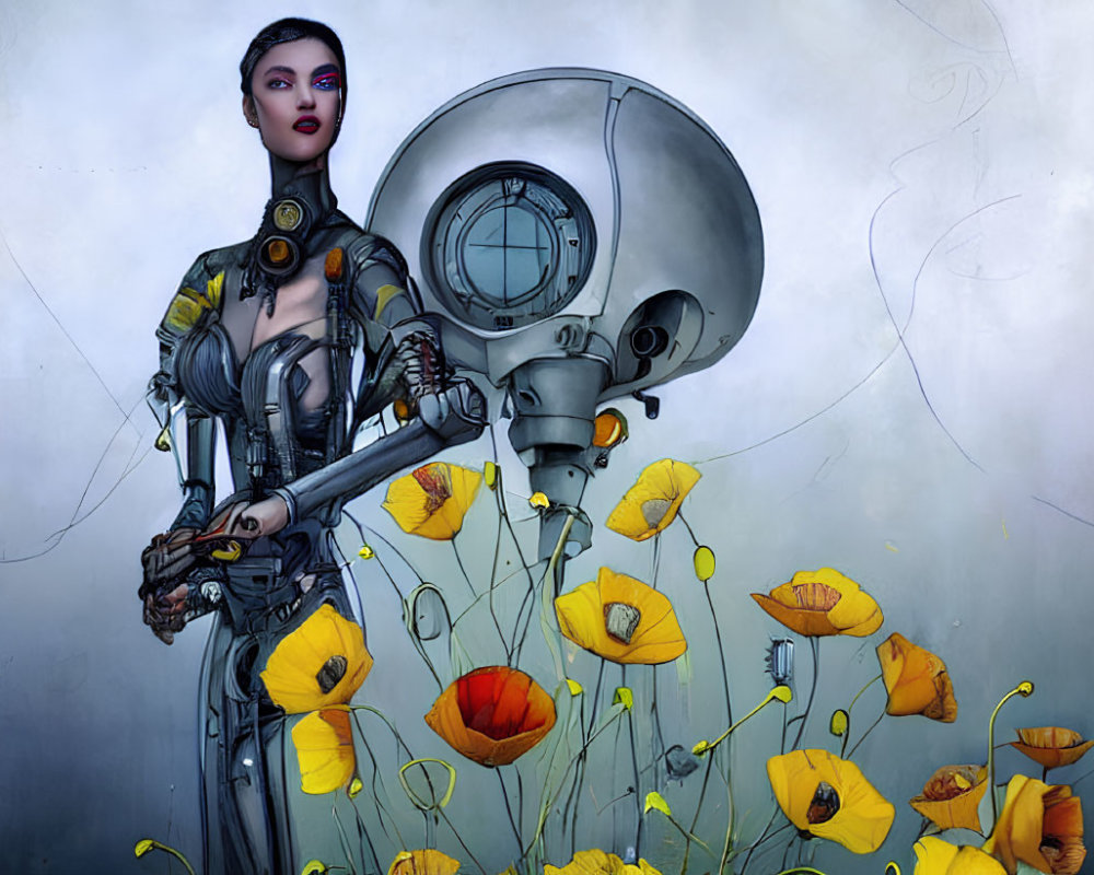 Female cyborg with mechanical arms surrounded by yellow and orange poppies and a circular machine structure