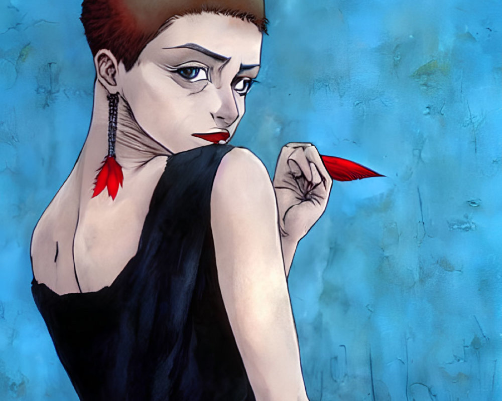 Illustration of woman with bun, red earrings, black dress, holding feather, in contemplative pose