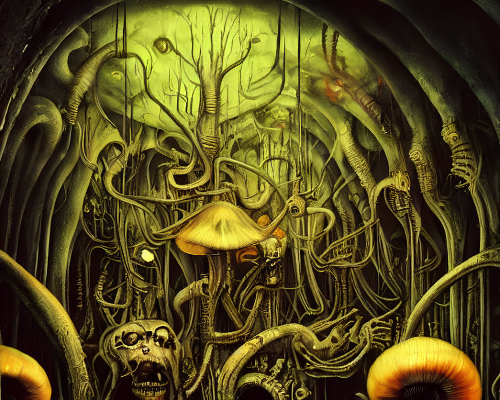 Surreal dark forest with twisted branches and ominous mushrooms