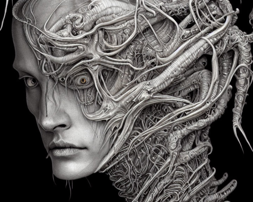 Monochromatic digital art: human face merged with mechanical elements.