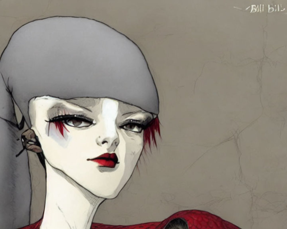 Illustrated female figure with red eyeshadow and dark lips in gray cap with text overlay.