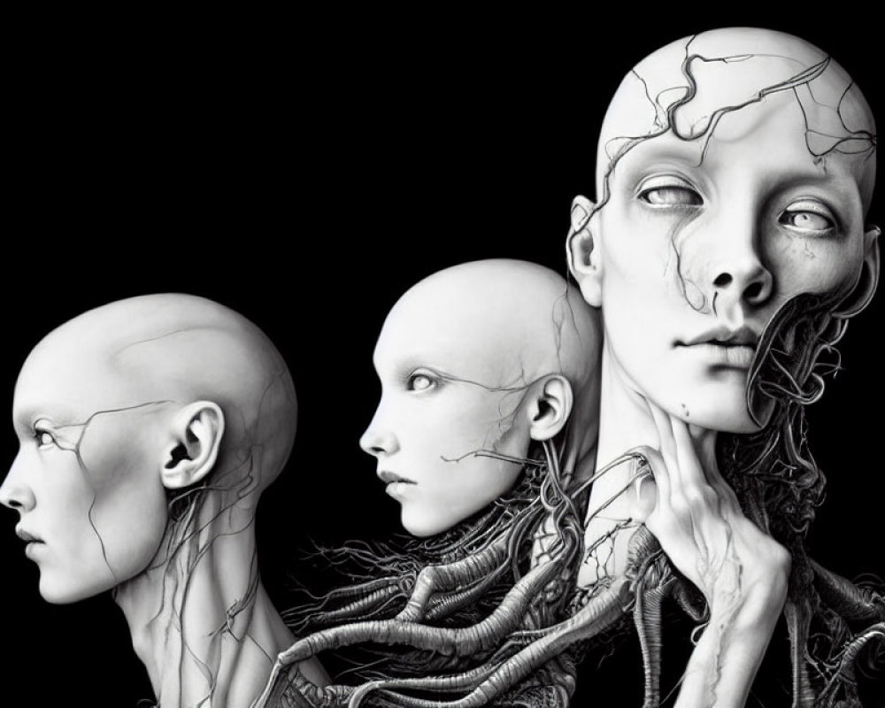 Three hyper-realistic monochrome human head illustrations with mechanical details on textured surfaces.