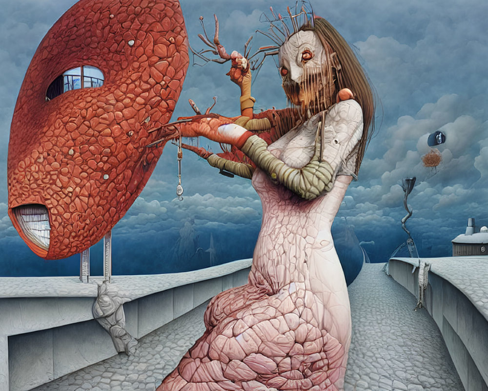 Surrealistic Artwork: Woman Playing Violin with Monstrous Face and Floating Mask near