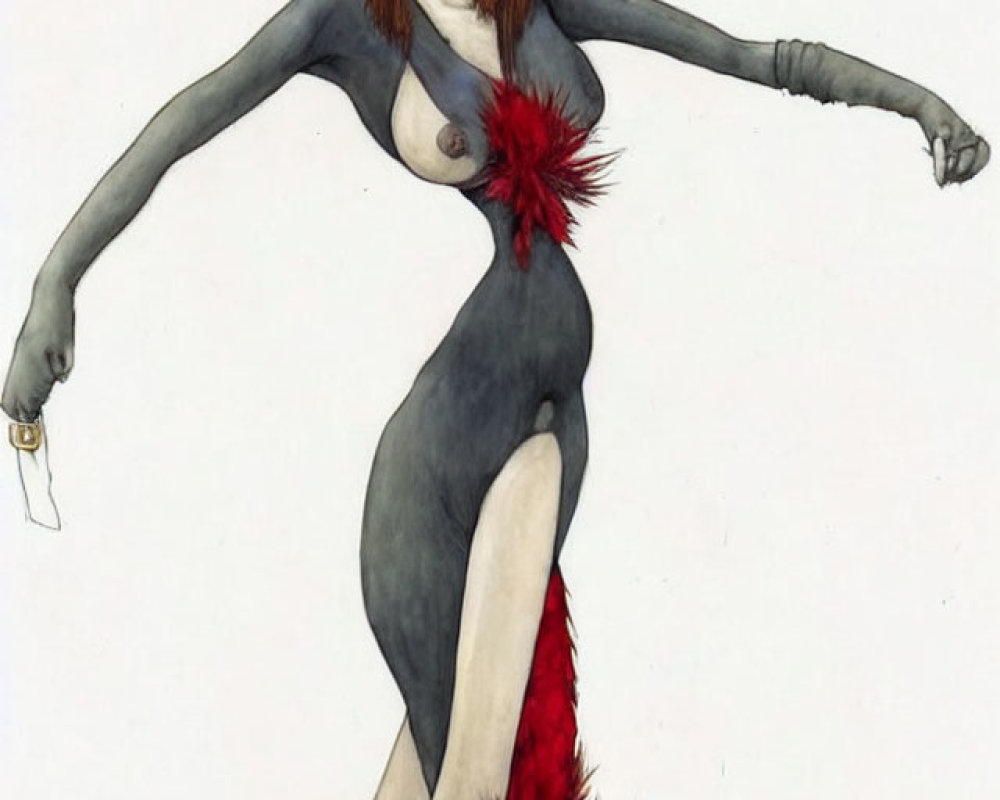 Stylized female figure with red hair holding a knife