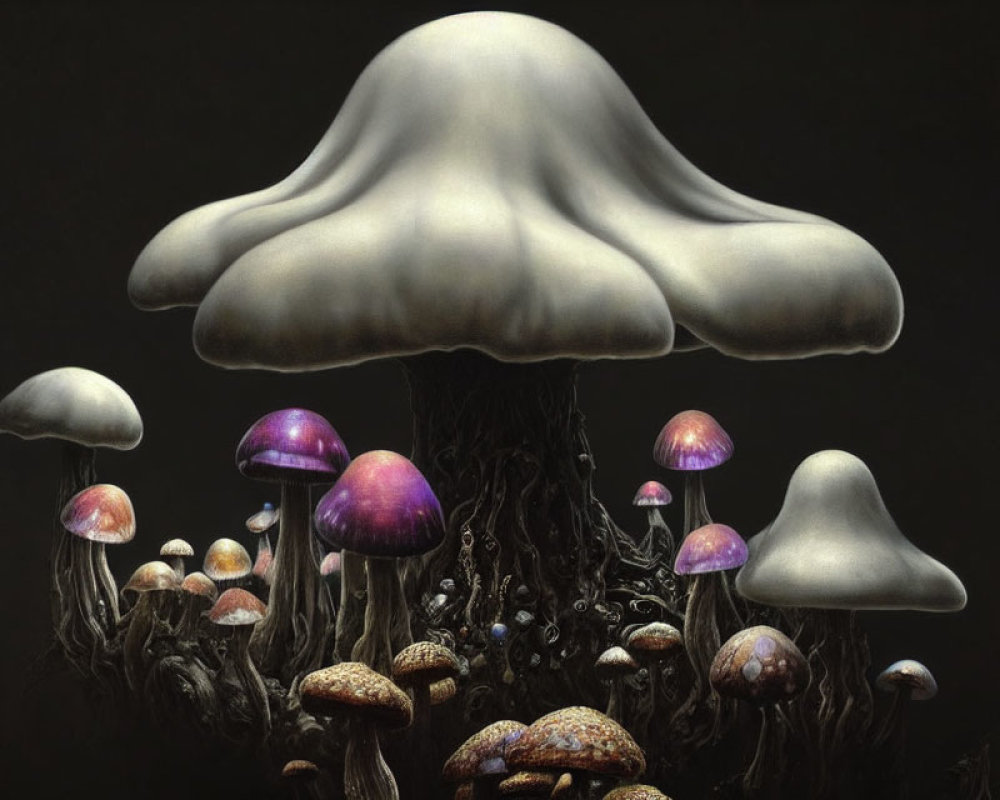 Fantasy-like colorful mushrooms on dark tree-like surface