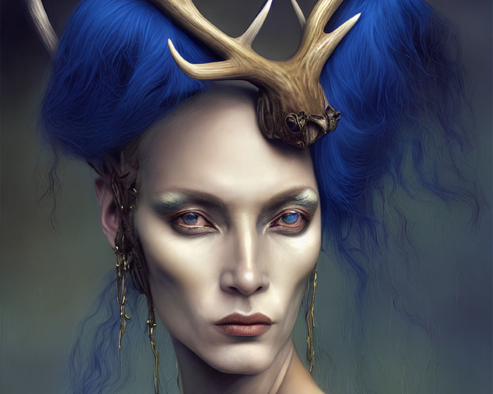 Blue-haired person with antlers and dramatic makeup in mystical setting