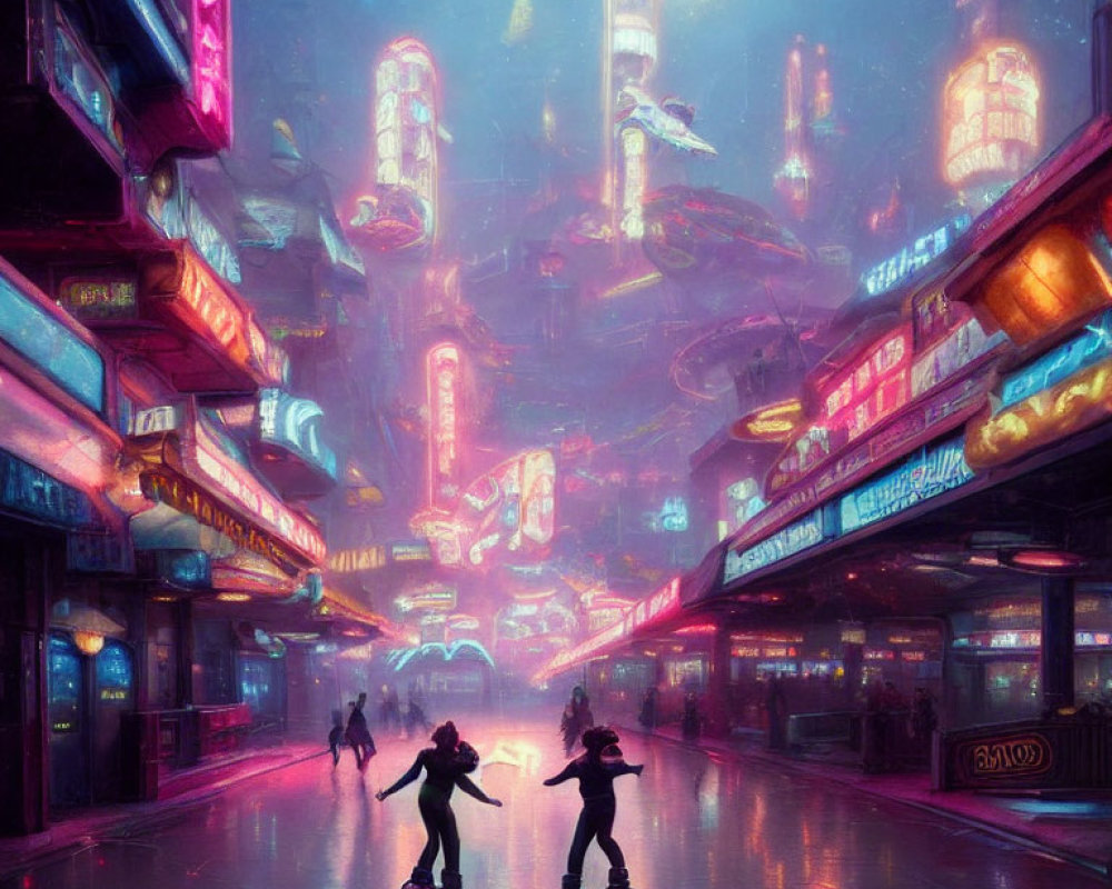 Futuristic neon-lit cityscape with skyscrapers and skateboarders at dusk