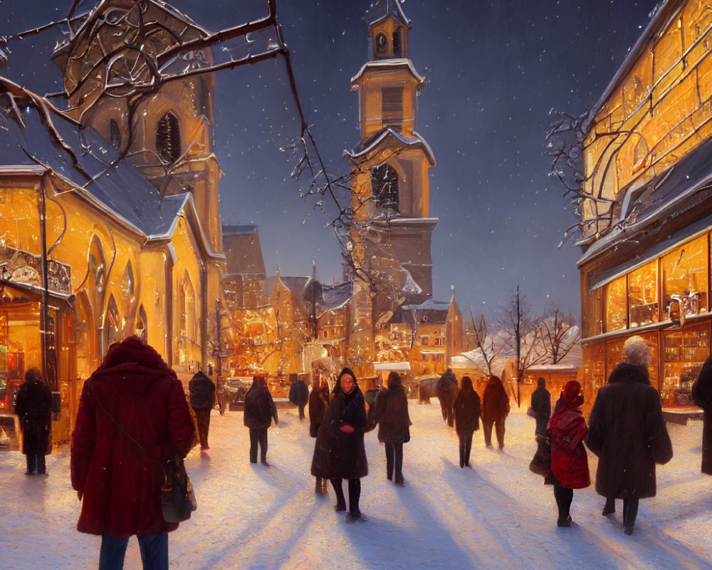 Snowy winter evening street scene with people and church under warm lights