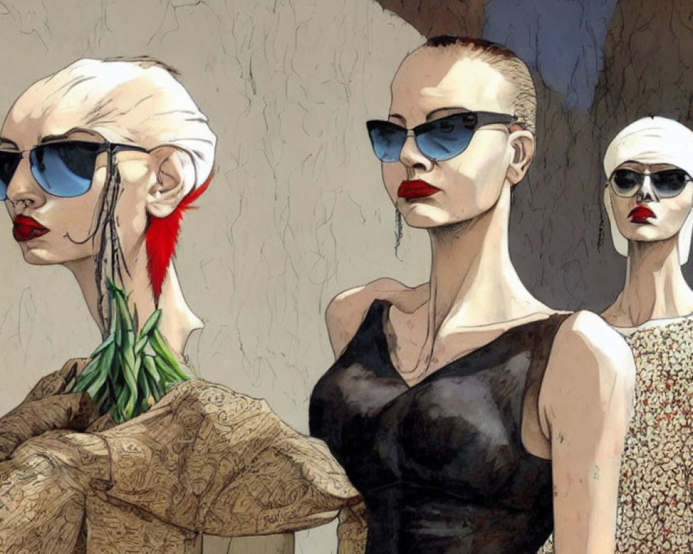 Three stylized women with sunglasses and distinct fashion styles.