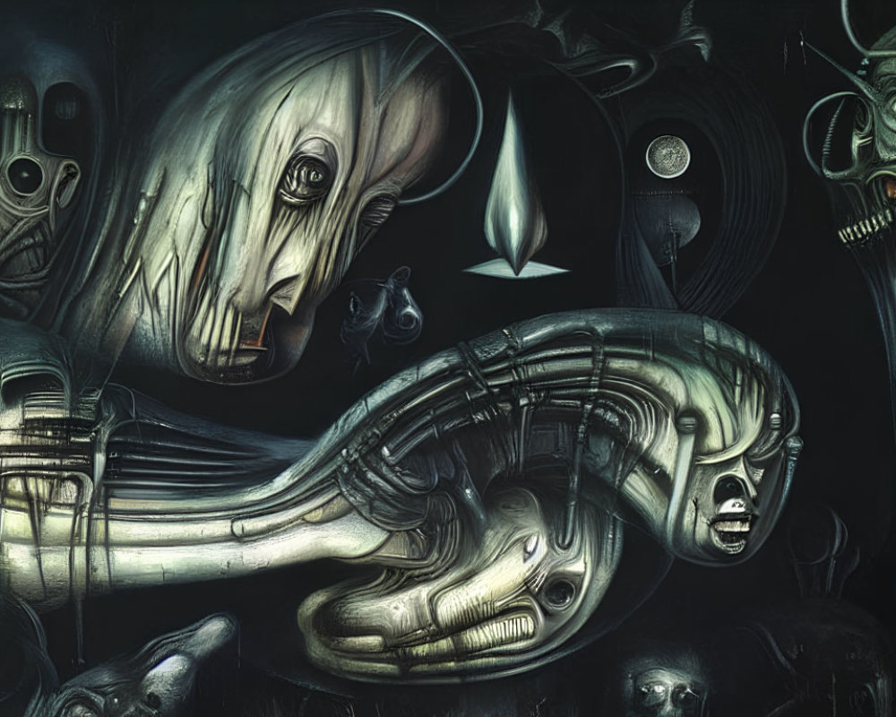 Surrealist painting with biomechanical figures and dark hues