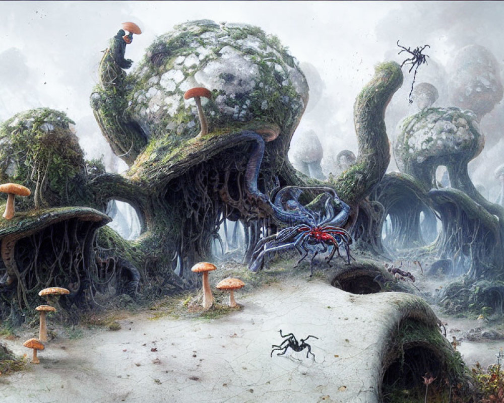 Mystical forest with oversized mushrooms, twisted trees, moss-covered under foggy sky, spider-like