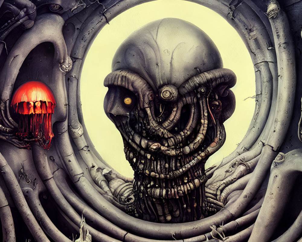 Surreal sci-fi art: Alien with tentacles and glowing red eye on grey background