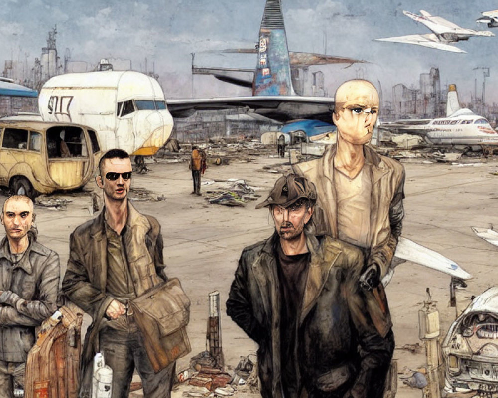 Four Men in Post-Apocalyptic Airport Setting with Derelict Planes